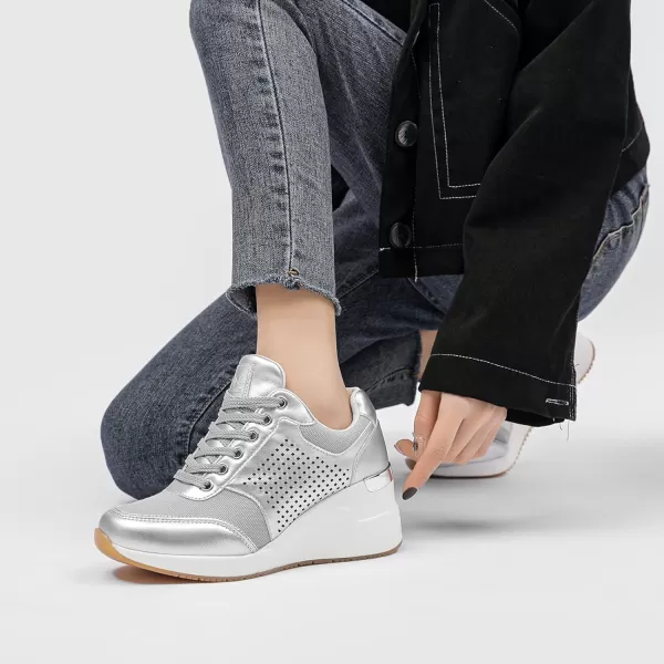 High Heeld Wedge Sneakers for Women  Ladies Hidden Sneakers Lace Up Shoes Best Chioce for Casual and Daily Wear145silver