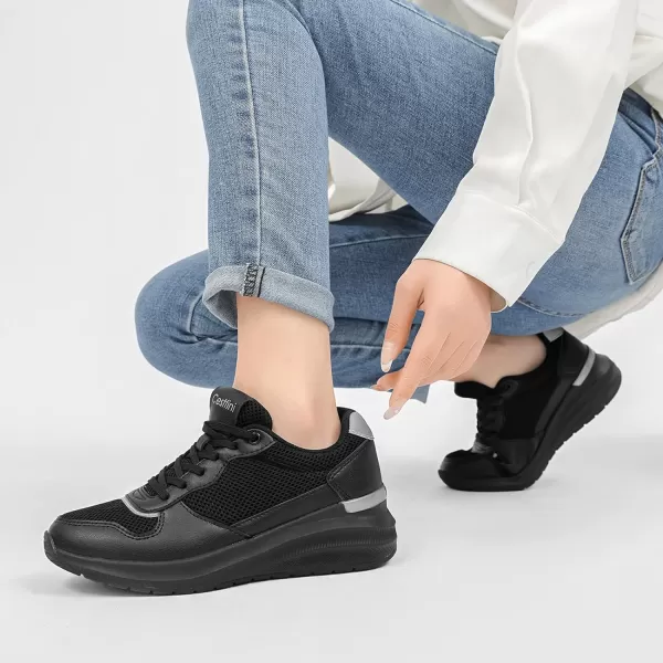 High Heeld Wedge Sneakers for Women  Ladies Hidden Sneakers Lace Up Shoes Best Chioce for Casual and Daily Wear170black