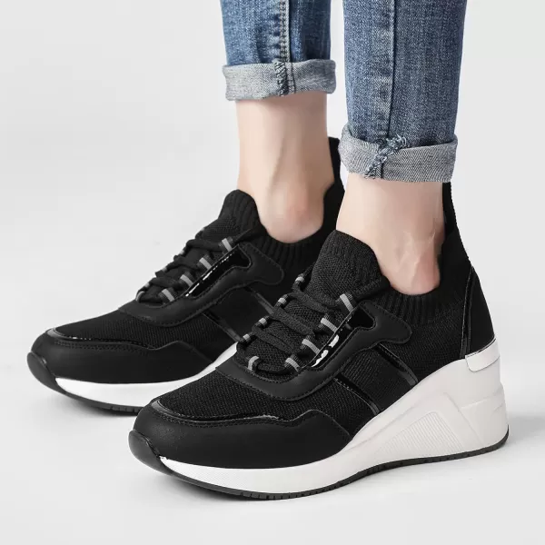 High Heeld Wedge Sneakers for Women  Ladies Hidden Sneakers Lace Up Shoes Best Chioce for Casual and Daily Wear173black