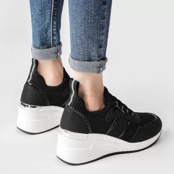 High Heeld Wedge Sneakers for Women  Ladies Hidden Sneakers Lace Up Shoes Best Chioce for Casual and Daily Wear173black