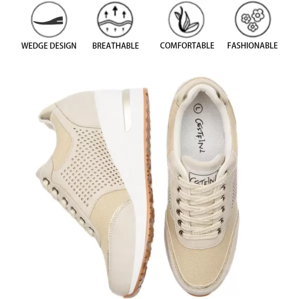 High Heeld Wedge Sneakers for Women  Ladies Hidden Sneakers Lace Up Shoes Best Chioce for Casual and Daily WearBeige Canvas