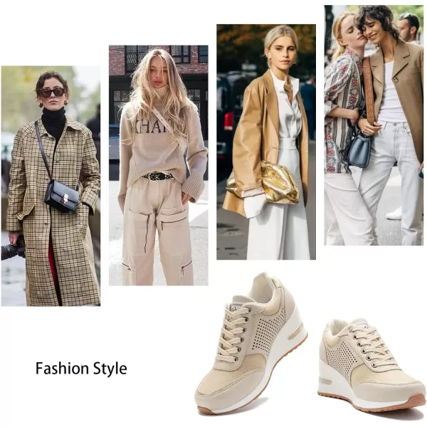 High Heeld Wedge Sneakers for Women  Ladies Hidden Sneakers Lace Up Shoes Best Chioce for Casual and Daily WearBeige Canvas