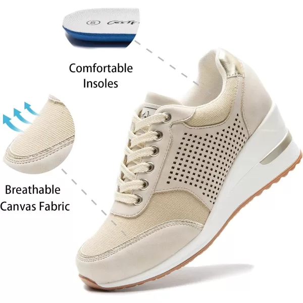 High Heeld Wedge Sneakers for Women  Ladies Hidden Sneakers Lace Up Shoes Best Chioce for Casual and Daily WearBeige Canvas