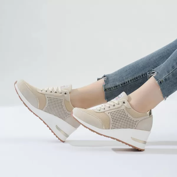 High Heeld Wedge Sneakers for Women  Ladies Hidden Sneakers Lace Up Shoes Best Chioce for Casual and Daily WearBeige Canvas
