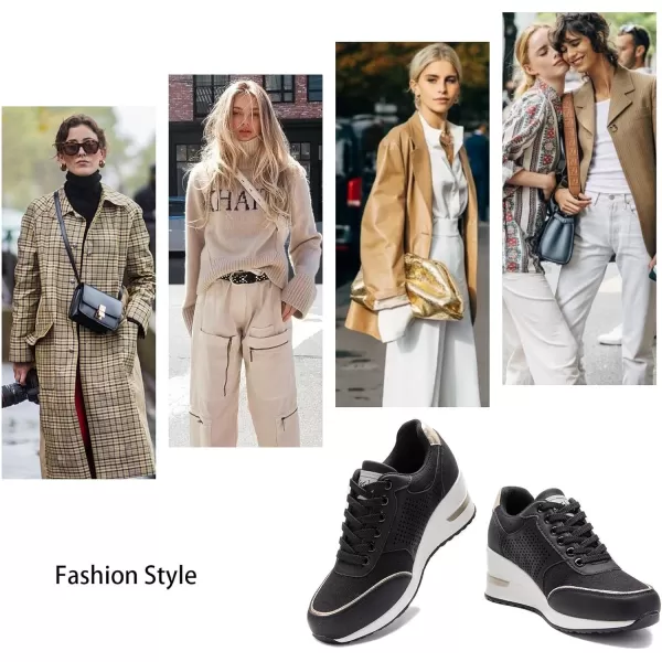 High Heeld Wedge Sneakers for Women  Ladies Hidden Sneakers Lace Up Shoes Best Chioce for Casual and Daily WearBlack Canvas