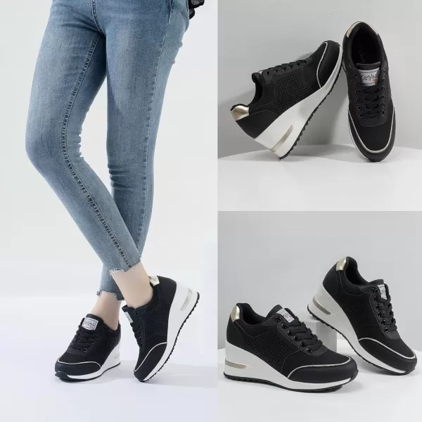 High Heeld Wedge Sneakers for Women  Ladies Hidden Sneakers Lace Up Shoes Best Chioce for Casual and Daily WearBlack Canvas