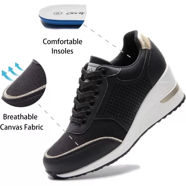 High Heeld Wedge Sneakers for Women  Ladies Hidden Sneakers Lace Up Shoes Best Chioce for Casual and Daily WearBlack Canvas