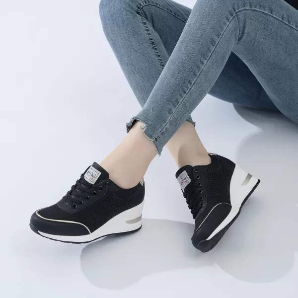 High Heeld Wedge Sneakers for Women  Ladies Hidden Sneakers Lace Up Shoes Best Chioce for Casual and Daily WearBlack Canvas