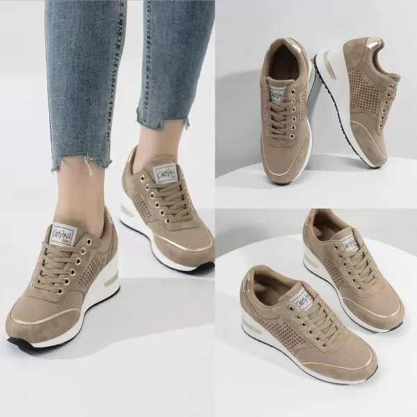 High Heeld Wedge Sneakers for Women  Ladies Hidden Sneakers Lace Up Shoes Best Chioce for Casual and Daily WearKhaki Canvas