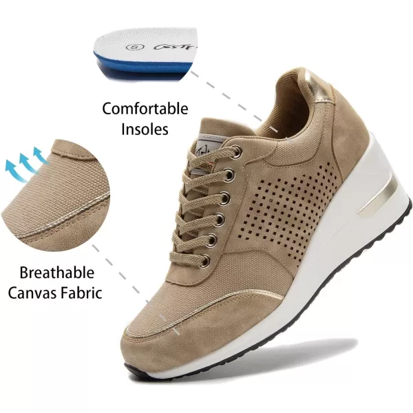 High Heeld Wedge Sneakers for Women  Ladies Hidden Sneakers Lace Up Shoes Best Chioce for Casual and Daily WearKhaki Canvas