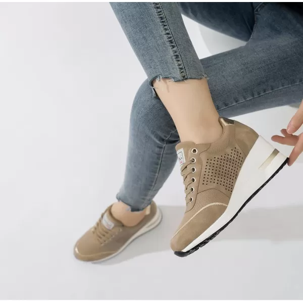High Heeld Wedge Sneakers for Women  Ladies Hidden Sneakers Lace Up Shoes Best Chioce for Casual and Daily WearKhaki Canvas