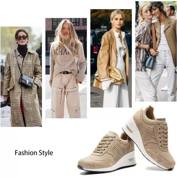 High Heeld Wedge Sneakers for Women  Ladies Hidden Sneakers Lace Up Shoes Best Chioce for Casual and Daily WearKhaki Canvas