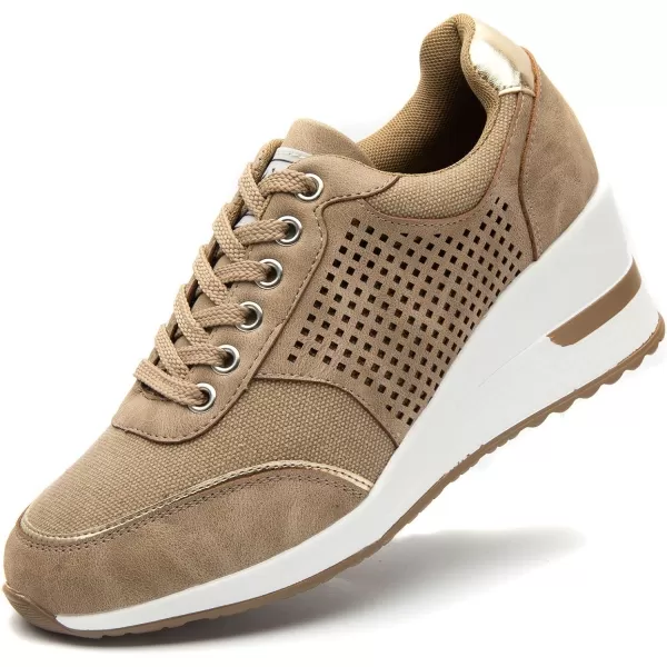 High Heeld Wedge Sneakers for Women  Ladies Hidden Sneakers Lace Up Shoes Best Chioce for Casual and Daily WearKhakif