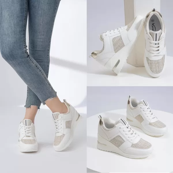 High Heeld Wedge Sneakers for Women  Ladies Hidden Sneakers Lace Up Shoes Best Chioce for Casual and Daily WearRtw11beigewhite
