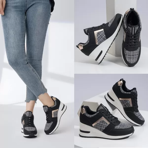 High Heeld Wedge Sneakers for Women  Ladies Hidden Sneakers Lace Up Shoes Best Chioce for Casual and Daily WearRtw11blackgold