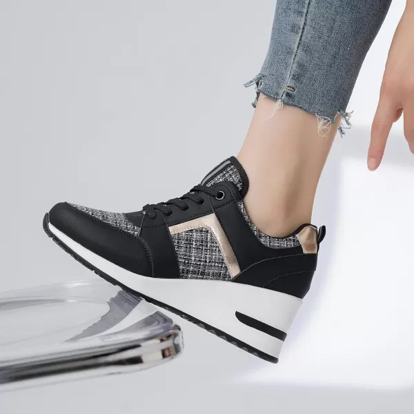 High Heeld Wedge Sneakers for Women  Ladies Hidden Sneakers Lace Up Shoes Best Chioce for Casual and Daily WearRtw11blackgold
