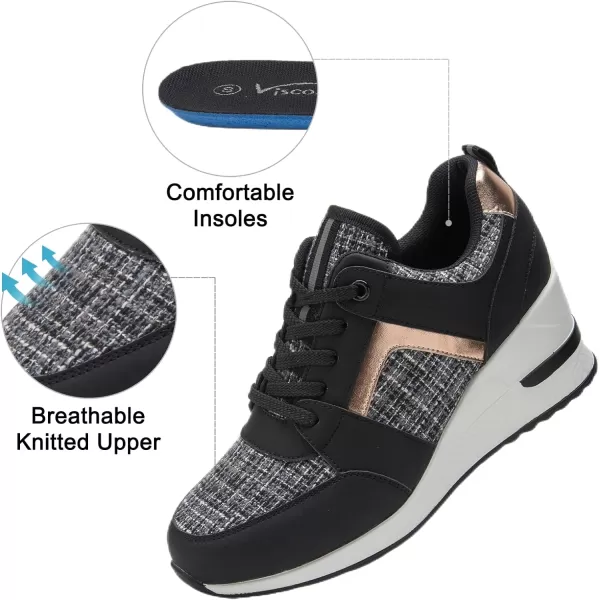 High Heeld Wedge Sneakers for Women  Ladies Hidden Sneakers Lace Up Shoes Best Chioce for Casual and Daily WearRtw11blackgold