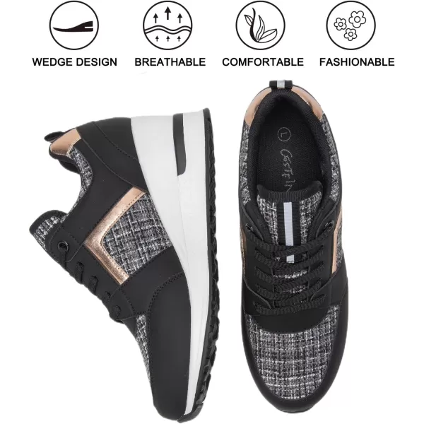 High Heeld Wedge Sneakers for Women  Ladies Hidden Sneakers Lace Up Shoes Best Chioce for Casual and Daily WearRtw11blackgold