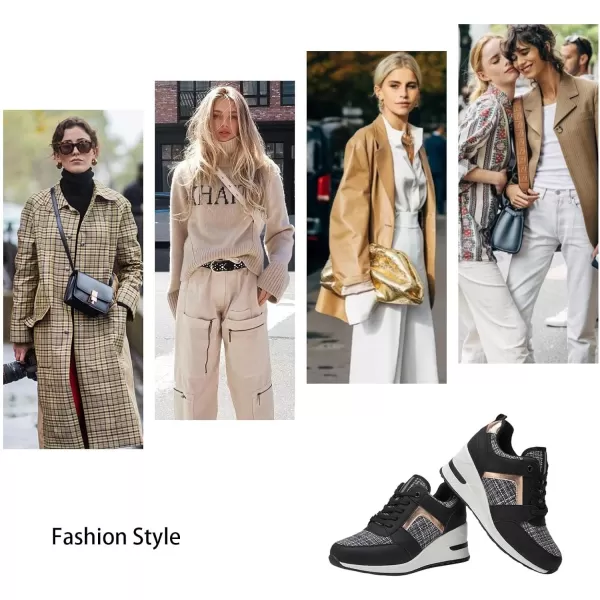 High Heeld Wedge Sneakers for Women  Ladies Hidden Sneakers Lace Up Shoes Best Chioce for Casual and Daily WearRtw11blackgold