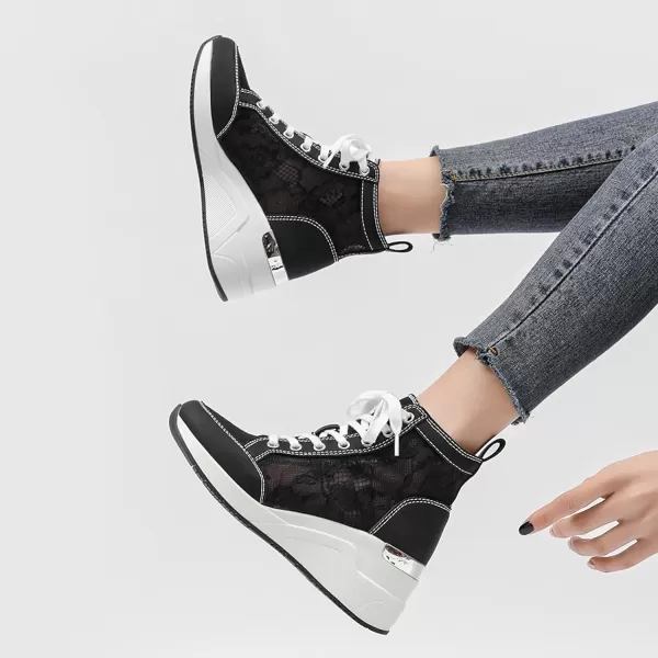 High Heeld Wedge Sneakers for Women  Ladies Hidden Sneakers Lace Up Shoes Best Chioce for Casual and Daily WearSpringblack