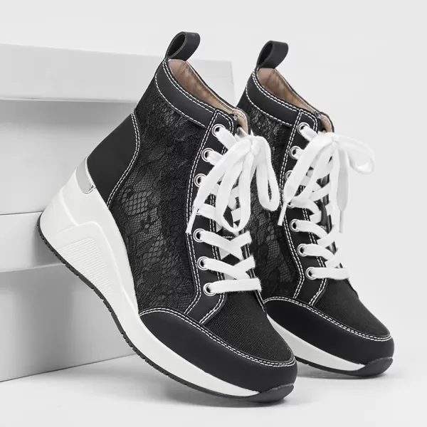 High Heeld Wedge Sneakers for Women  Ladies Hidden Sneakers Lace Up Shoes Best Chioce for Casual and Daily WearSpringblack