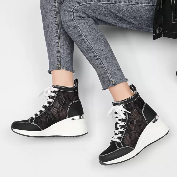 High Heeld Wedge Sneakers for Women  Ladies Hidden Sneakers Lace Up Shoes Best Chioce for Casual and Daily WearSpringblack