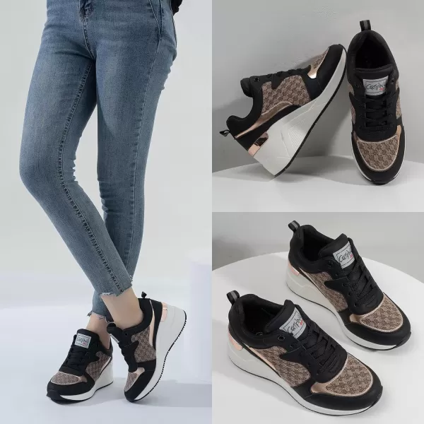 High Heeld Wedge Sneakers for Women  Ladies Hidden Sneakers Lace Up Shoes Best Chioce for Casual and Daily WearW142black