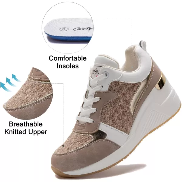 High Heeld Wedge Sneakers for Women  Ladies Hidden Sneakers Lace Up Shoes Best Chioce for Casual and Daily WearW142khaki