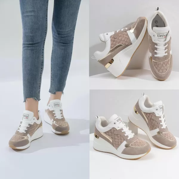 High Heeld Wedge Sneakers for Women  Ladies Hidden Sneakers Lace Up Shoes Best Chioce for Casual and Daily WearW142khaki