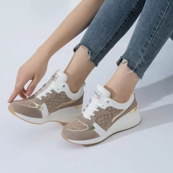 High Heeld Wedge Sneakers for Women  Ladies Hidden Sneakers Lace Up Shoes Best Chioce for Casual and Daily WearW142khaki