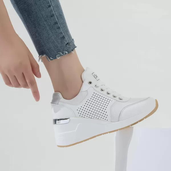 High Heeld Wedge Sneakers for Women  Ladies Hidden Sneakers Lace Up Shoes Best Chioce for Casual and Daily WearW145white