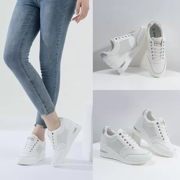 High Heeld Wedge Sneakers for Women  Ladies Hidden Sneakers Lace Up Shoes Best Chioce for Casual and Daily WearWhite Canvas