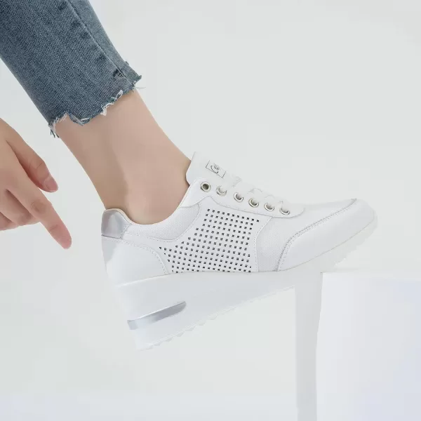 High Heeld Wedge Sneakers for Women  Ladies Hidden Sneakers Lace Up Shoes Best Chioce for Casual and Daily WearWhite Canvas