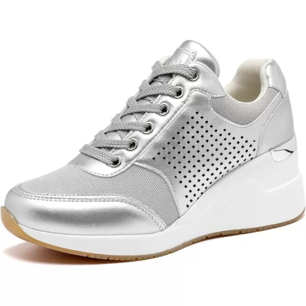 High Heeld Wedge Sneakers for Women  Ladies Hidden Sneakers Lace Up Shoes Best Chioce for Casual and Daily Wear145silver