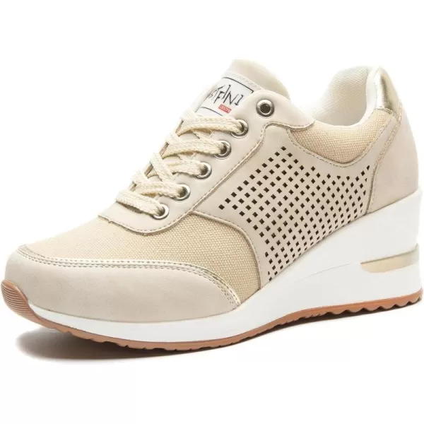 High Heeld Wedge Sneakers for Women  Ladies Hidden Sneakers Lace Up Shoes Best Chioce for Casual and Daily WearBeige Canvas