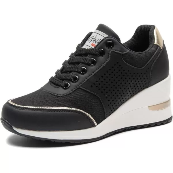 High Heeld Wedge Sneakers for Women  Ladies Hidden Sneakers Lace Up Shoes Best Chioce for Casual and Daily WearBlack Canvas