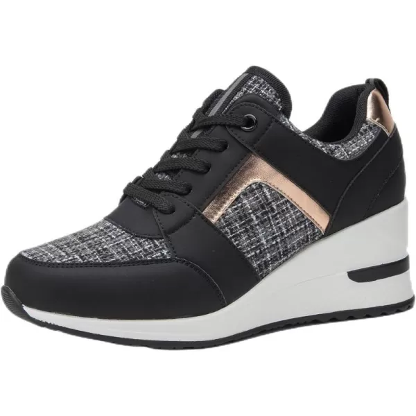 High Heeld Wedge Sneakers for Women  Ladies Hidden Sneakers Lace Up Shoes Best Chioce for Casual and Daily WearRtw11blackgold