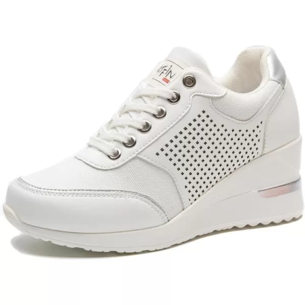 High Heeld Wedge Sneakers for Women  Ladies Hidden Sneakers Lace Up Shoes Best Chioce for Casual and Daily WearWhite Canvas