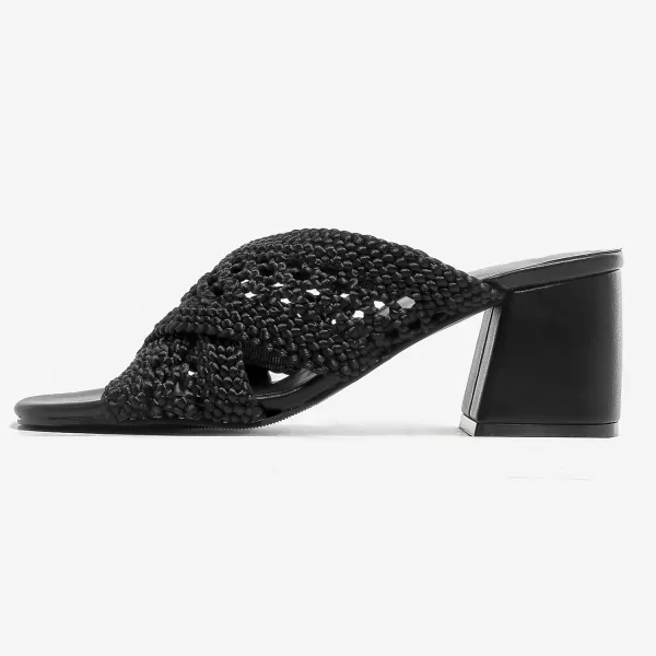 Cestfini Womens Heeled Sandals Braided Chunky Heels Square Open Toe Mules Backless Block Heels Strappy Dress Shoes Slip on Slides SandalBlack