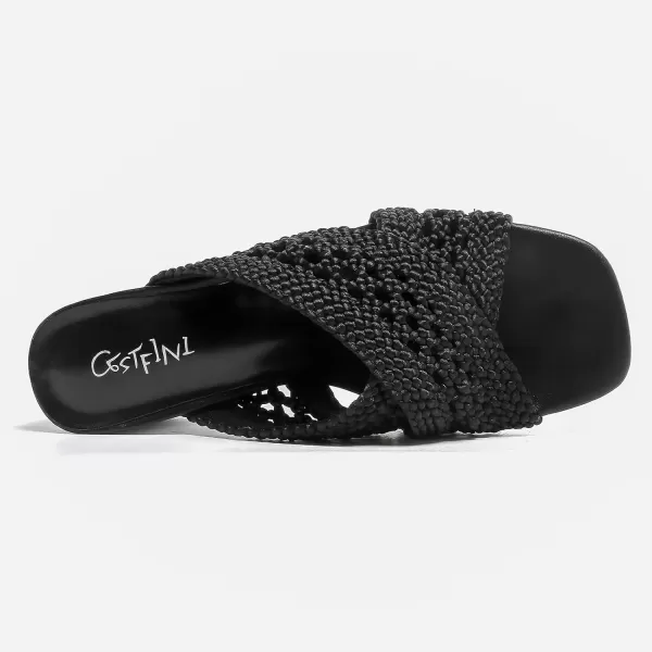 Cestfini Womens Heeled Sandals Braided Chunky Heels Square Open Toe Mules Backless Block Heels Strappy Dress Shoes Slip on Slides SandalBlack