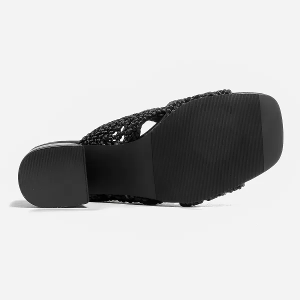 Cestfini Womens Heeled Sandals Braided Chunky Heels Square Open Toe Mules Backless Block Heels Strappy Dress Shoes Slip on Slides SandalBlack
