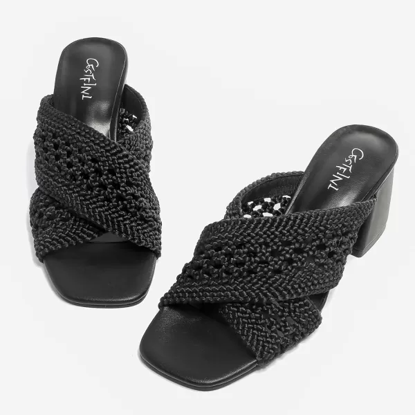 Cestfini Womens Heeled Sandals Braided Chunky Heels Square Open Toe Mules Backless Block Heels Strappy Dress Shoes Slip on Slides SandalBlack