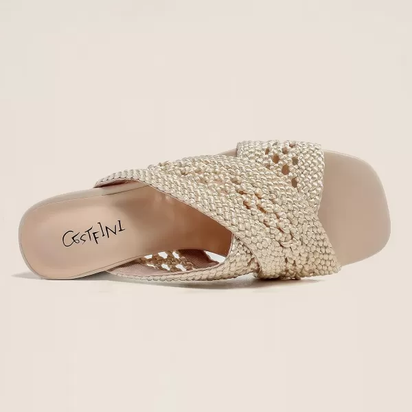 Cestfini Womens Heeled Sandals Braided Chunky Heels Square Open Toe Mules Backless Block Heels Strappy Dress Shoes Slip on Slides SandalNude