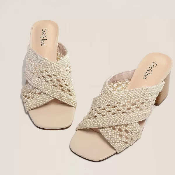 Cestfini Womens Heeled Sandals Braided Chunky Heels Square Open Toe Mules Backless Block Heels Strappy Dress Shoes Slip on Slides SandalNude