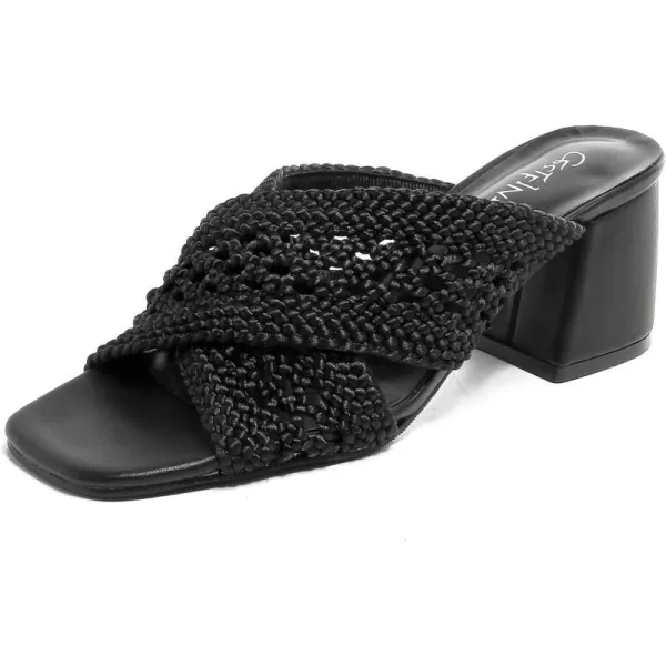Cestfini Womens Heeled Sandals Braided Chunky Heels Square Open Toe Mules Backless Block Heels Strappy Dress Shoes Slip on Slides SandalBlack