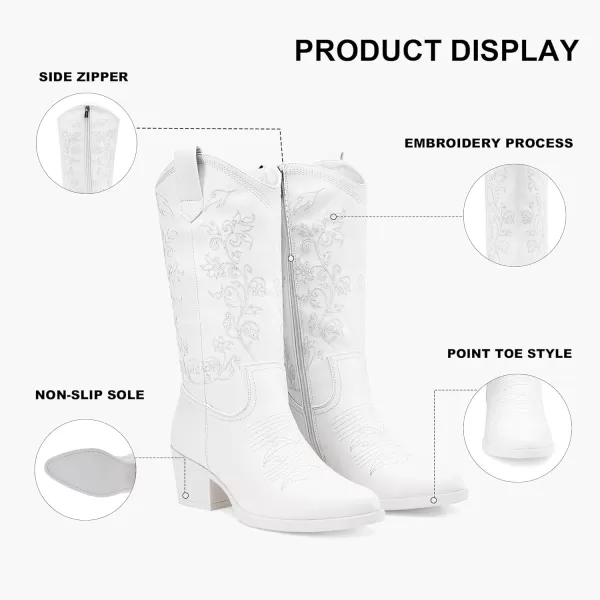 Vepose 9803 Cowboy Boots Women Cowgirl Embroided Western Pull on Pointed Toe MidCalf Chunky Heel Boots with Inside ZipperWestern9803white