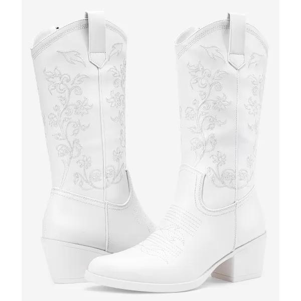 Vepose 9803 Cowboy Boots Women Cowgirl Embroided Western Pull on Pointed Toe MidCalf Chunky Heel Boots with Inside ZipperWestern9803white