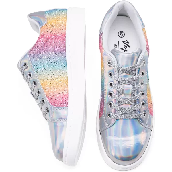 Vepose Womens 8003 Fashion Lace Up Comfortable Casual Tennis SneakersCrainbow8003 Glitter