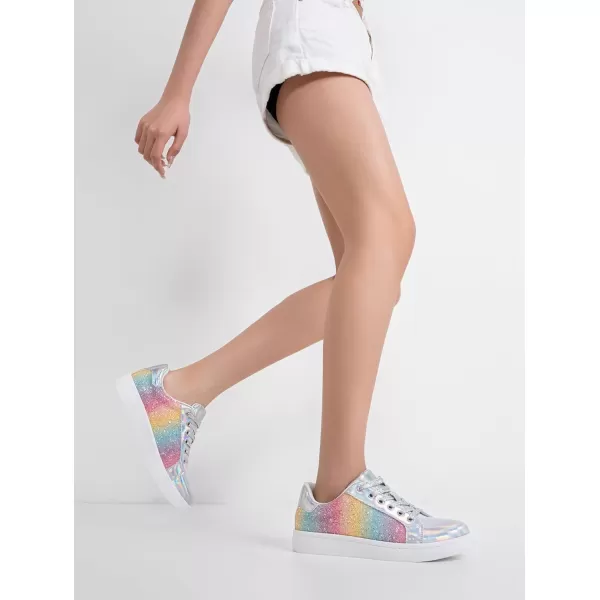 Vepose Womens 8003 Fashion Lace Up Comfortable Casual Tennis SneakersGlitter Sneakersrainbow