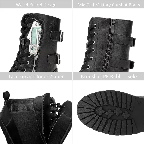 Vepose Womens 928 Military Combat Boots Mid Calf Bootswith Card Knife Wallet PocketAtwo Straps929black Pu